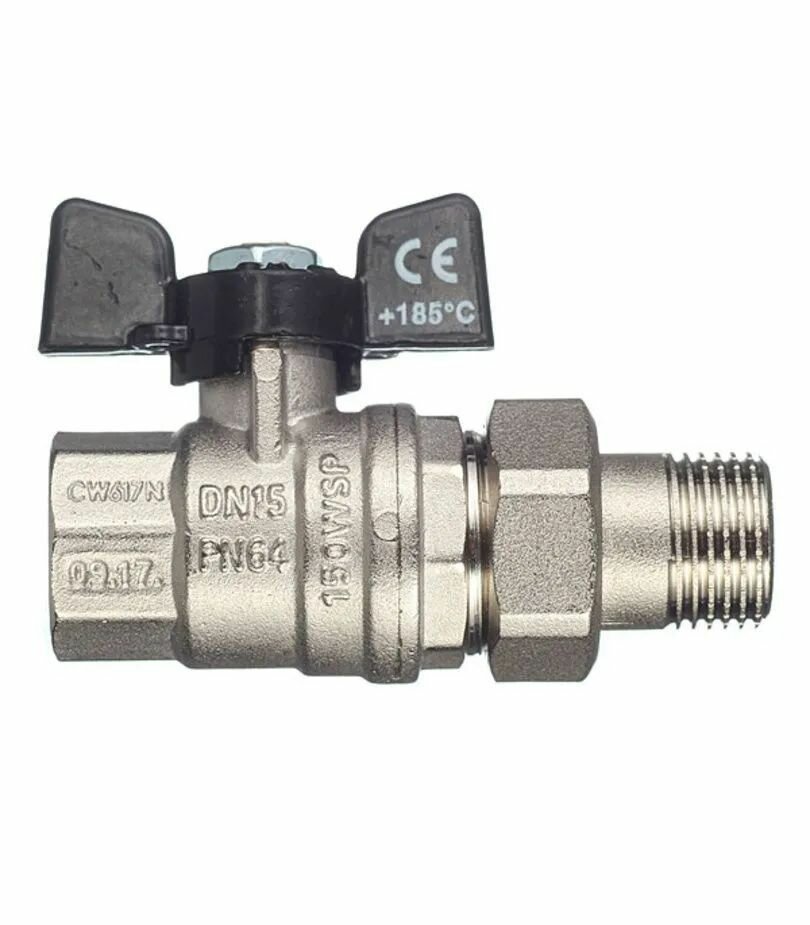 фото Кран шаровой латунный Bugatti 1/2 ВР(г) х 1/2 НР(ш) бабочка с полусгоном прямой (американка)