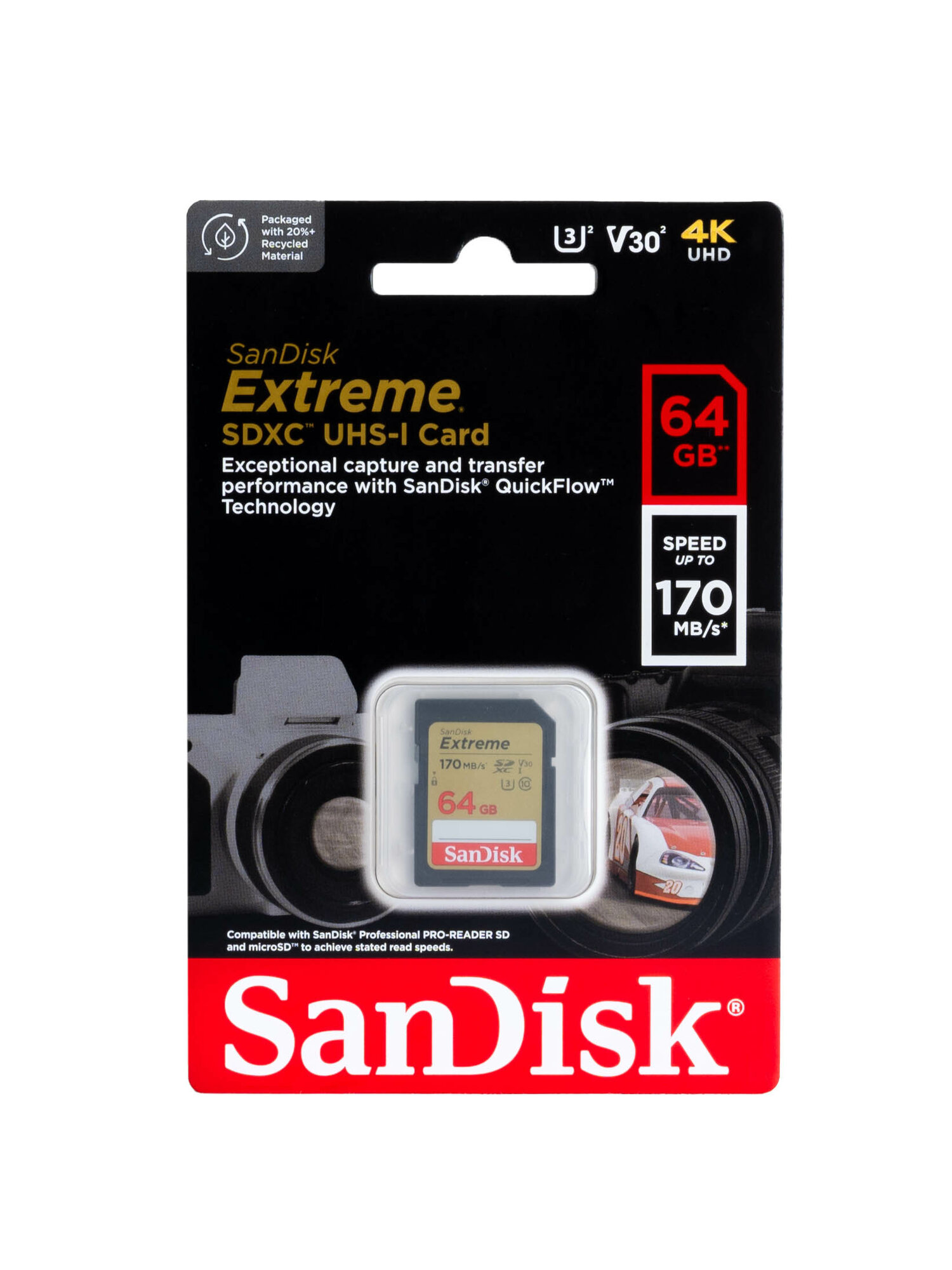 Карта памяти SanDisk Extreme SDXC 64 ГБ Class 10 UHS-I U3 V30 (R/W 170/80 Mb/s)