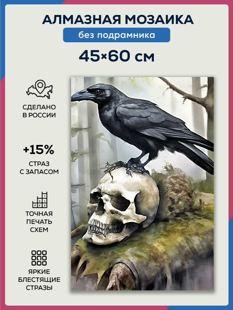 Алмазная мозаика 45x60 Ворон на черепе без подрамника