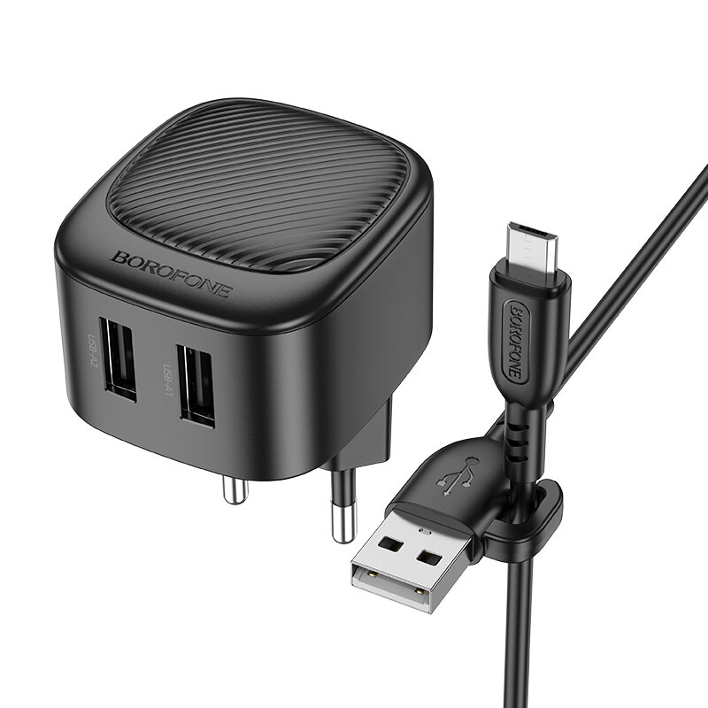 Сетевое зарядное устройство 2USB 2.1A для micro USB Borofone BAS21A 1м Black