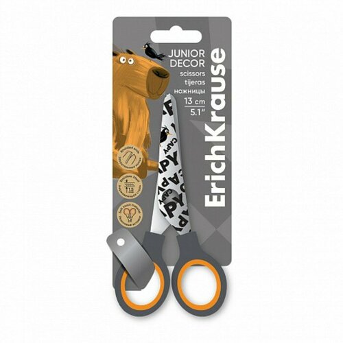 Ножницы детские 13 см ErichKrause Juinior Decor Happy Capy с принтом на лезвиях блистер 459₽