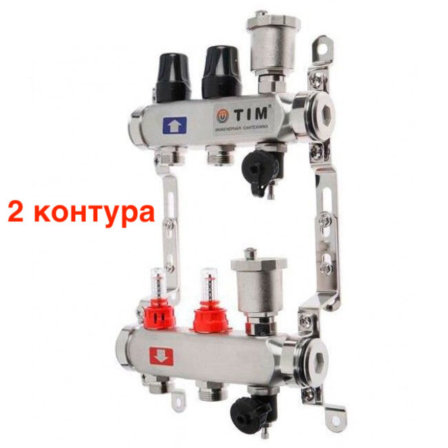 Коллекторная группа для теплого пола 2 контура с расходомерами из нержавеющей стали TIM KCS5002