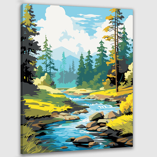 картина по номерам природа пейзаж с лесным ручьем и горами Картина по номерам 50х40 Пейзаж с лесом и ручьем