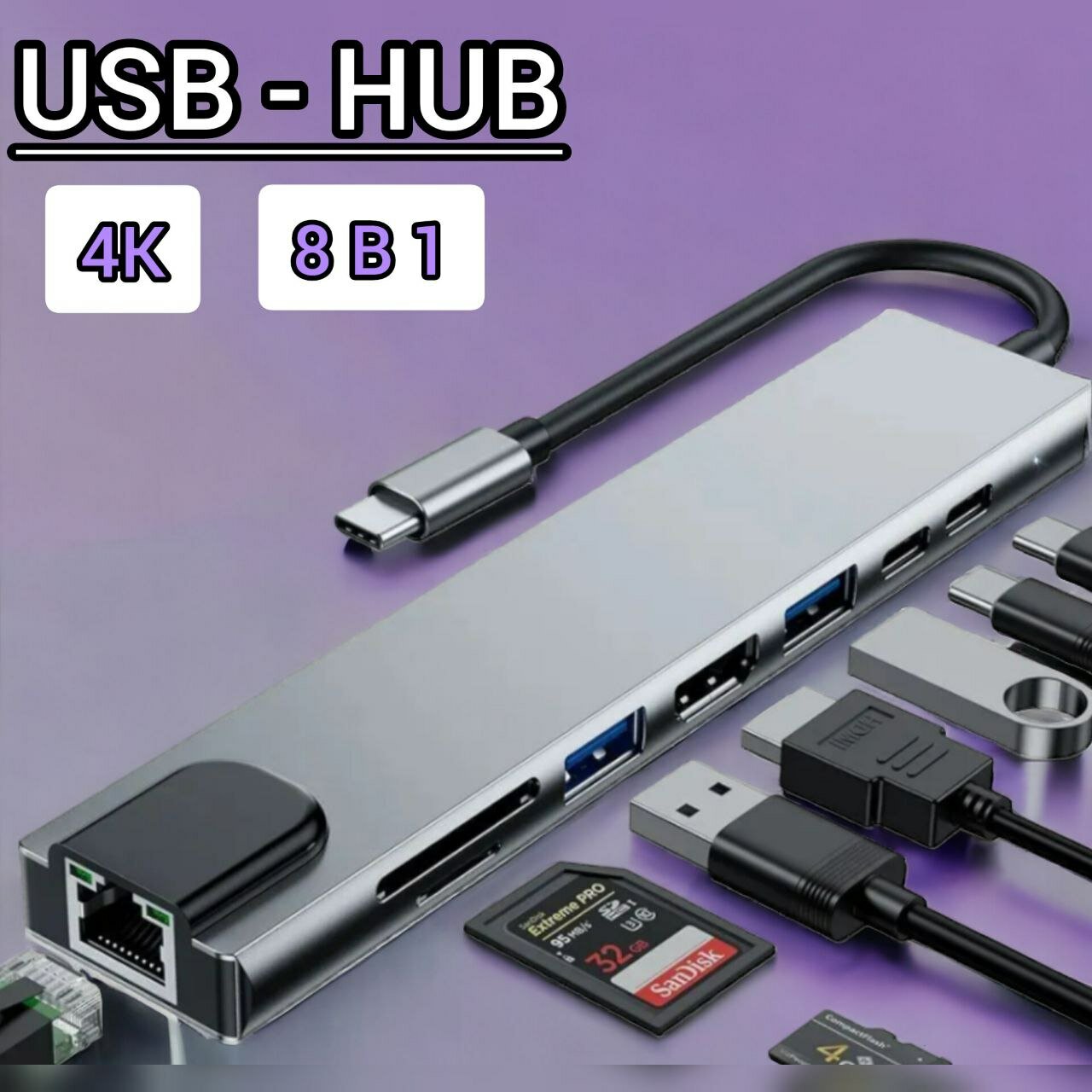 Док-станция разветвитель VVN USB 3.0 хаб адаптер 8-в-1 подключение Type-C концентратор