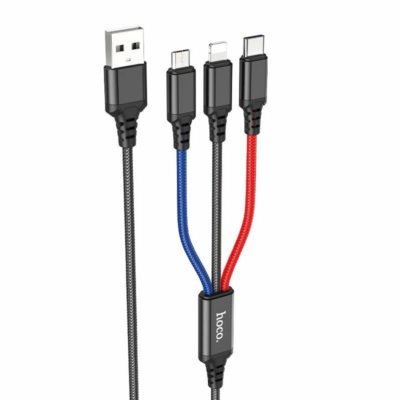 Hoco Провод для зарядки телефона 3в1 для iPhone, iPad, Airpods, андроид / USB-C - Lightning - Micro-USB, кабель 1 метр, разноцветный — фото 1