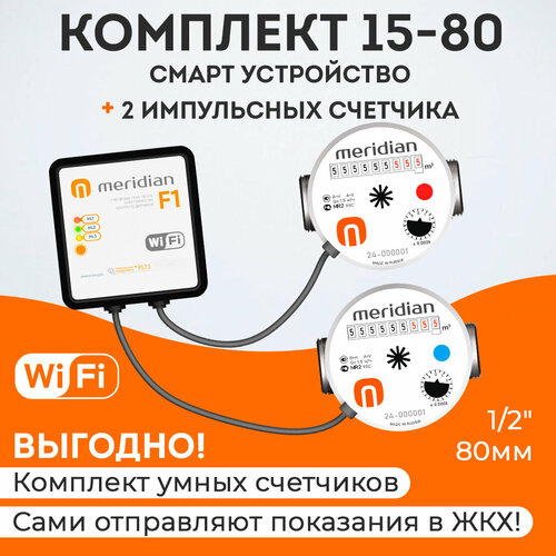 Набор Умные счетчики Meridian для передачи показаний по Wi-Fi (смарт устройство + 2 импульсных счетчика воды 1/2" 80 мм)