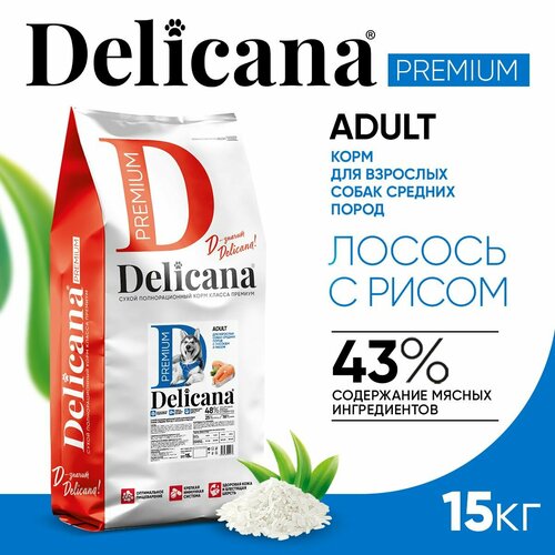 Delicana Корм сухой для собак средних пород Лосось с рисом, 15 кг