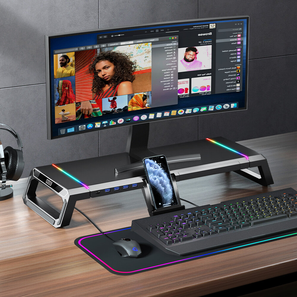 Подставка столик STM MS1RGB для монитора, моноблока, ноутбука, принтера, подсветка RGB, 4 порта USB 3.0