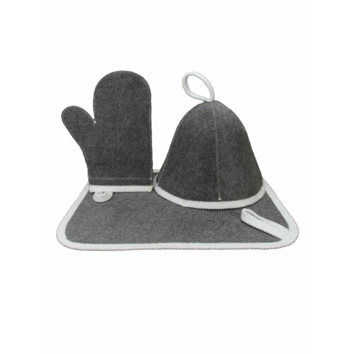 Набор для бани и сауны шапка, варежка, коврик 3 предмета серый