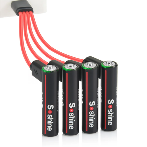 Soshine Аккумуляторные батарейки AAА, 1.5 V, 600 mWh, 4 шт с зарядкой от USB кабеля.