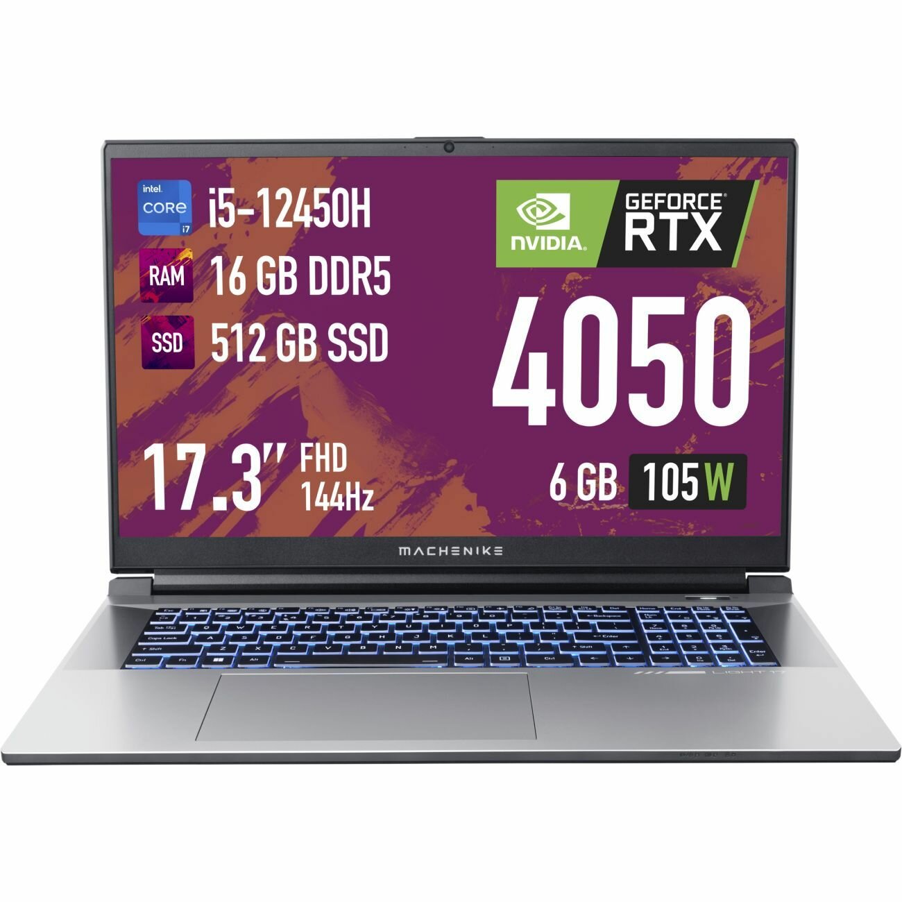 Изображение Игровой ноутбук Machenike L17 Pulsar (JJ00G600ERU) 17.3", Intel Core i5 12450H, NVIDIA GeForce RTX 4050 (6 Гб), RAM 16 Гб, SSD 512 Гб, без системы, серый металлик, русская раскладка