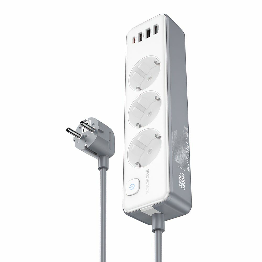 Сетевой фильтр на 3 розетки Borofone BAC9 3xUSB, 1xUSB-C, 4А, PD20W, 2 метра, белый
