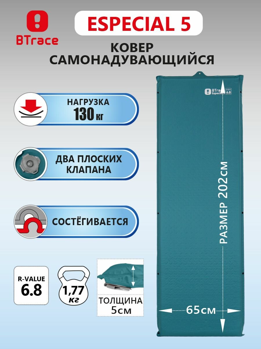 Коврик туристический самонадувающийся BTrace Especial 5 , синий-зеленый, 202*65*5 см