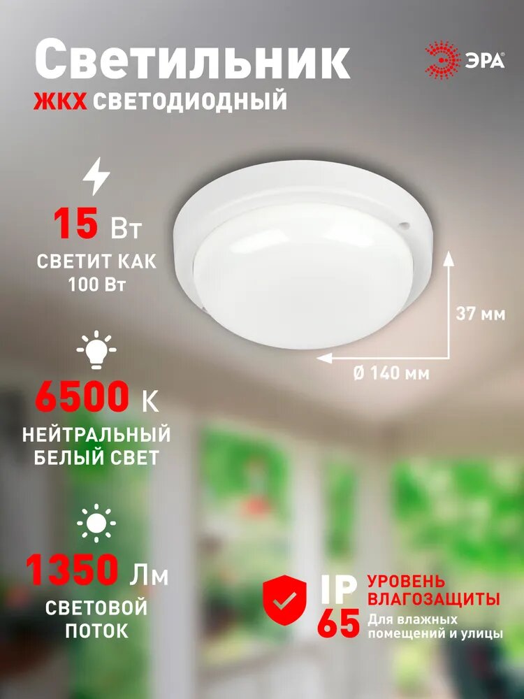 Светильник ЖКХ светодиодный ЭРА SPB-211-0-65K-015 15Вт 1350Лм 6500К IP65 140х37мм круг