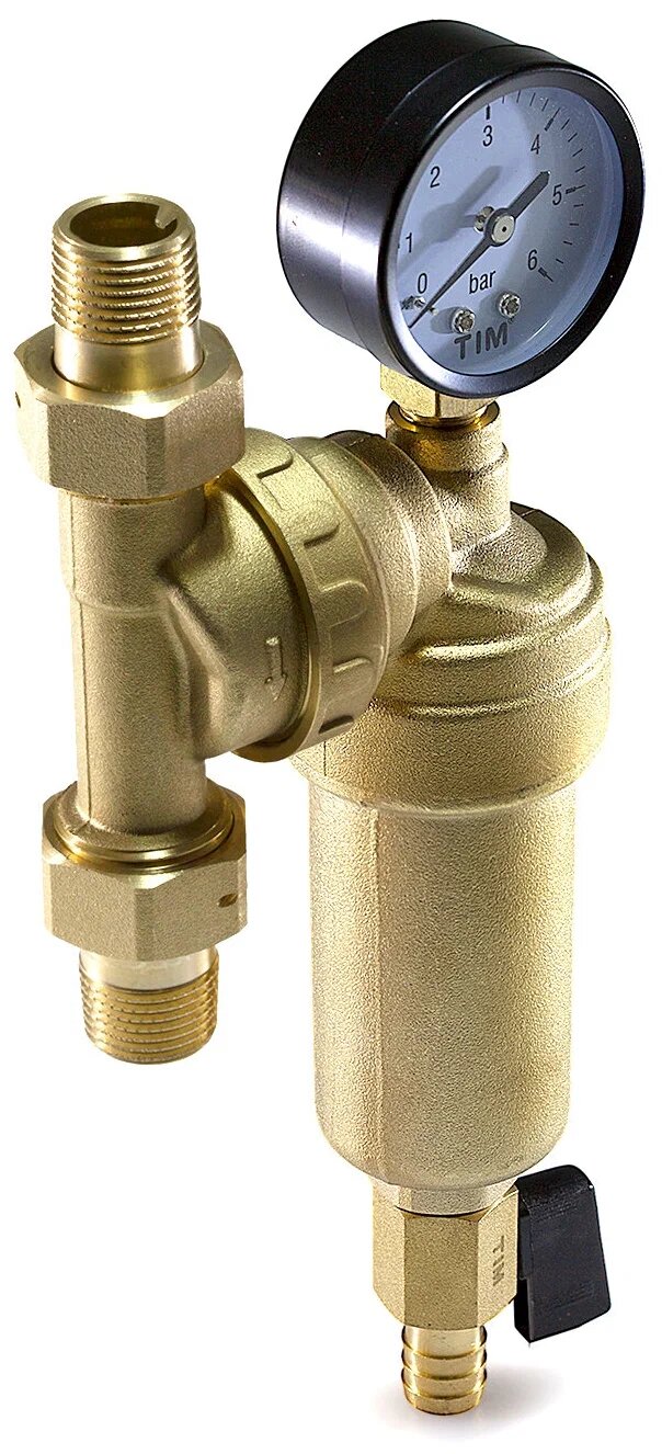 Фильтр механической очистки Tim JH-1001W3 муфтовый (НР/НР) латунь с манометром Ду 15 (1/2