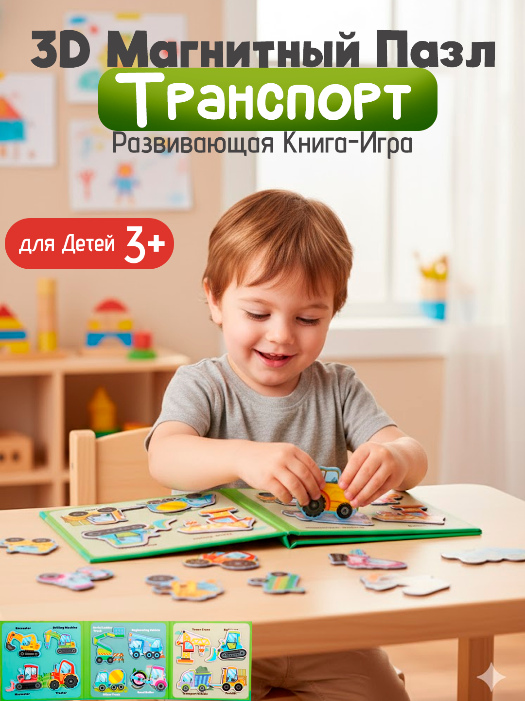 3D Магнитный Пазл "Транспорт и Строительная Техника" - Развивающая Книга-Игра для Детей 3+