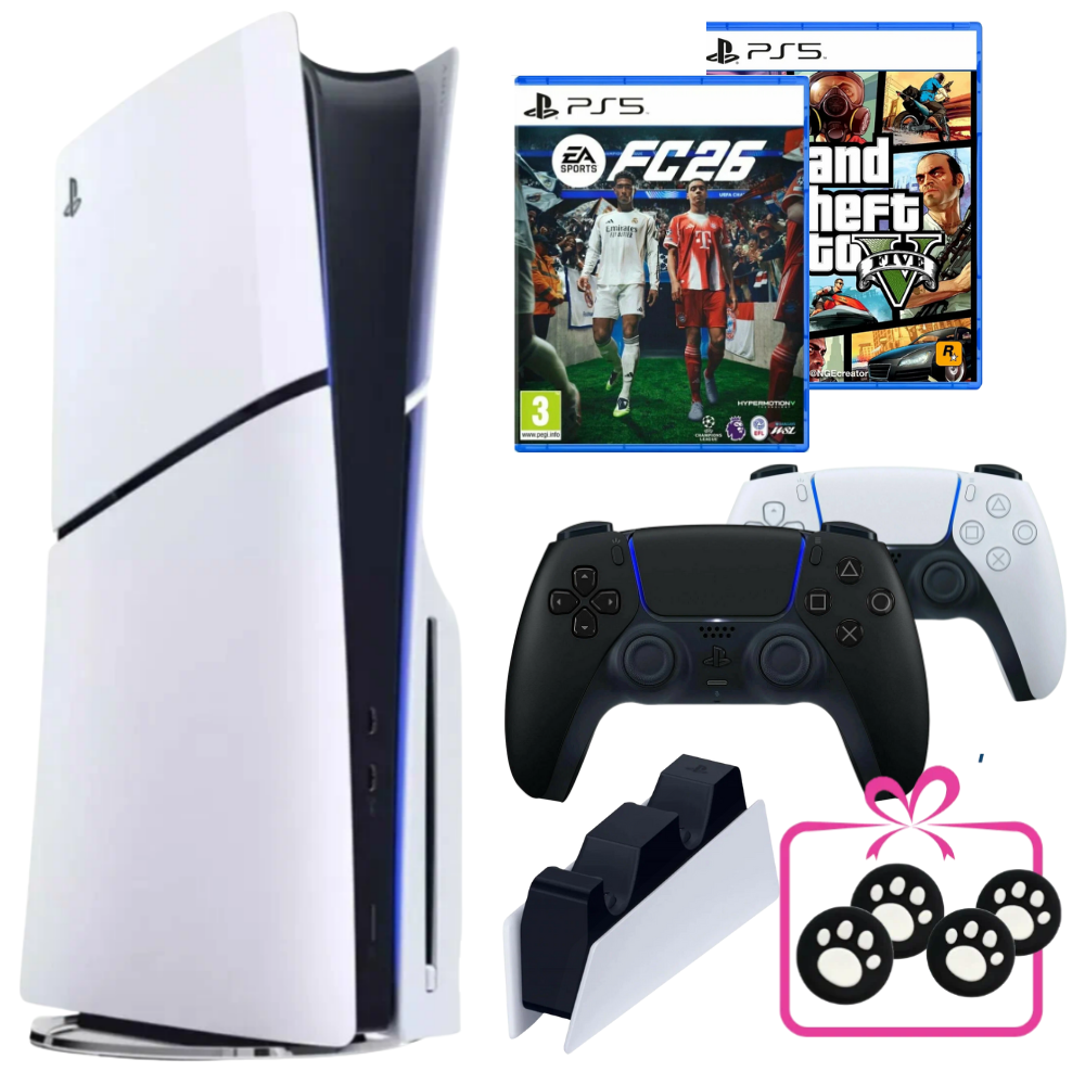 Игровая приставка PS5 Slim с дисководом, второй геймпад черный, FIFA 26 (новинка), GTA 5, зарядная станция