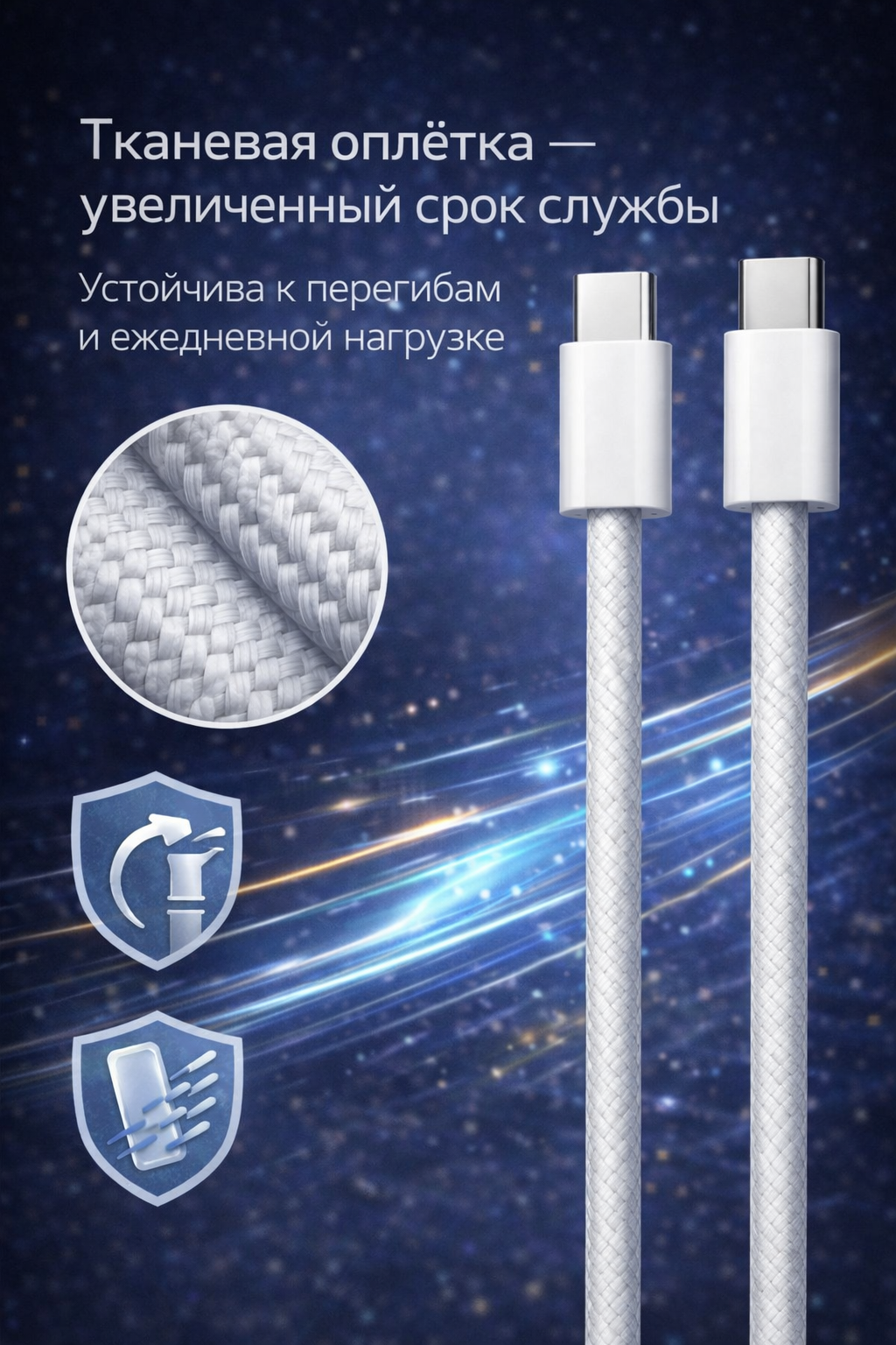 Провод Type-C - Type-C 60 W 1 метр Белый быстрая зарядка для iPhone 15,16, 17, Samsung, Xiaomi и других устройств — фото 1