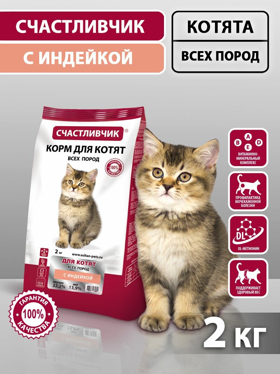 Корм для котят сухой Счастливчик Индейка 2 кг