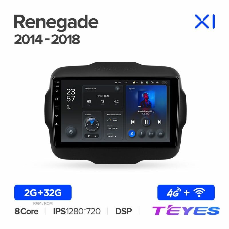 Магнитола Jeep Renegade 2014-2018 Teyes X1 4G 2/32GB, штатная магнитола, 8-ми ядерный процессор, IPS экран, DSP, 4G, Wi-Fi, 2 DIN