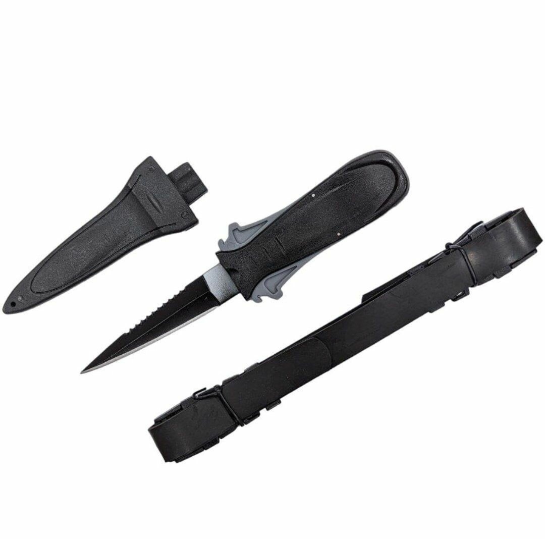Нож для подводной охоты с комплектом резиновых ремешков для крепления на руке или ноге