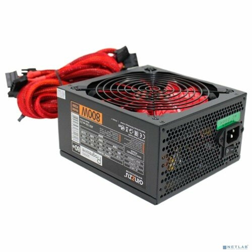 GINZZU Блок питания Ginzzu PC800 14CM(Red) 80+ black, APFC,24+4p,4 PCI-E(6+2), 7*SATA, 4*IDE, оплетка, кабель питания, цветная коробка блок питания ginzzu pc800