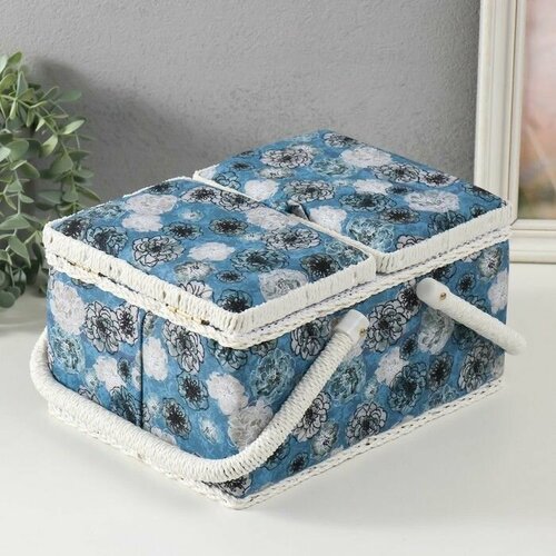 Шкатулка для рукоделия Чёрно-белые цветы на голубом 19х26х14,5 см