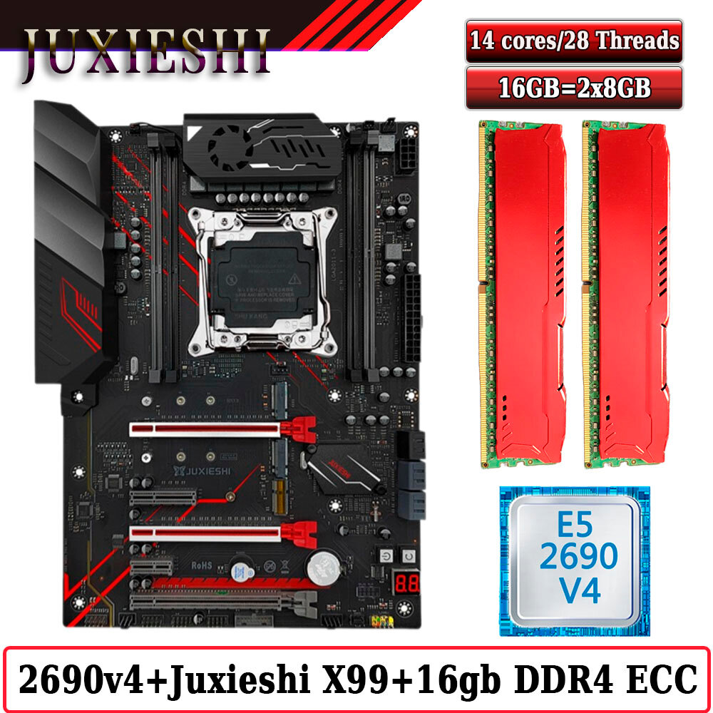 Комплект материнская плата Juxieshi X99-MR9A PRO + Xeon 2690V4 + 16GB DDR4 ECC 2x8GB Red