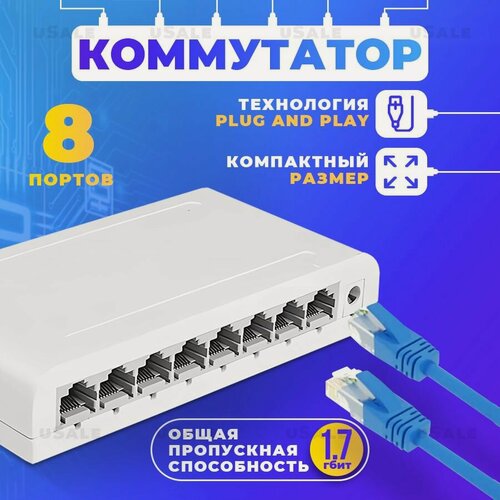 Изображение товара Коммутатор switch 8портовый 10/100 Мбит/с с пропускной способностью 1,7 Гбит/с; Full Duplex
