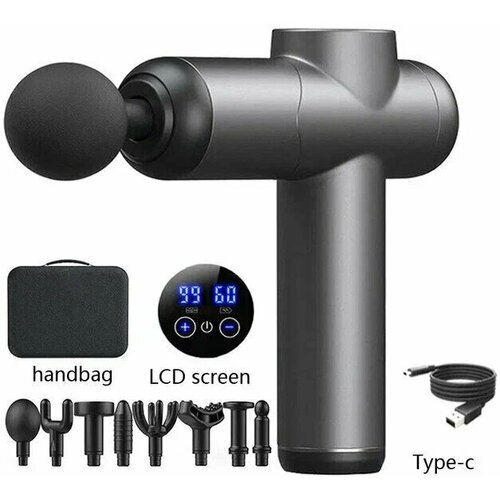 Массажер для тела перкуссионный KONKA 8808 электрический, вибрационный, 8 насадок, беспроводной, серый