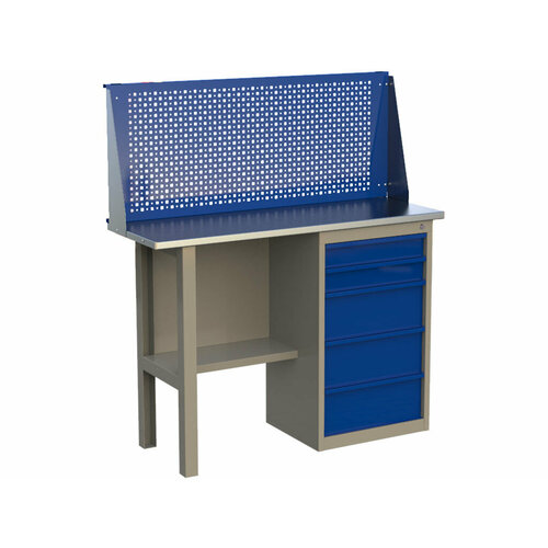 Стол верстак слесарный металлический с тумбой с 5 ящиками, с экраном, 1200 мм, CompactLine, Wellmet 1200CL5P