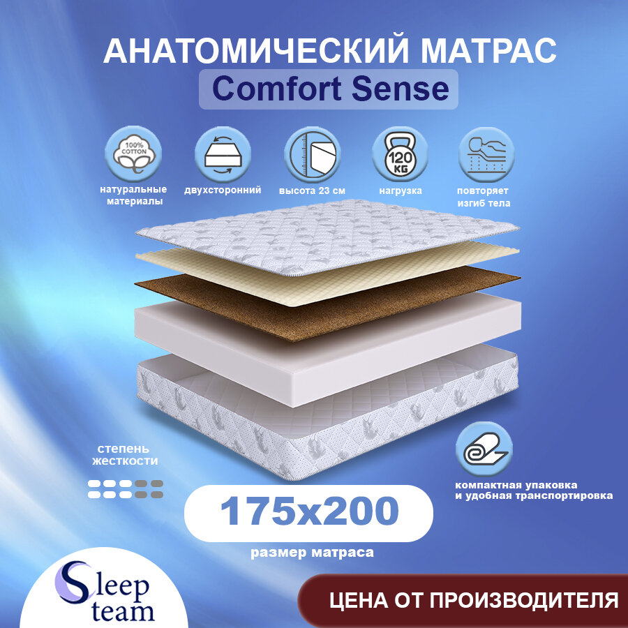 Матрас SleepTeam Comfort Sense 175х200, для кровати, высота 23 см, беспружинный с массажным эффектом, двуспальный