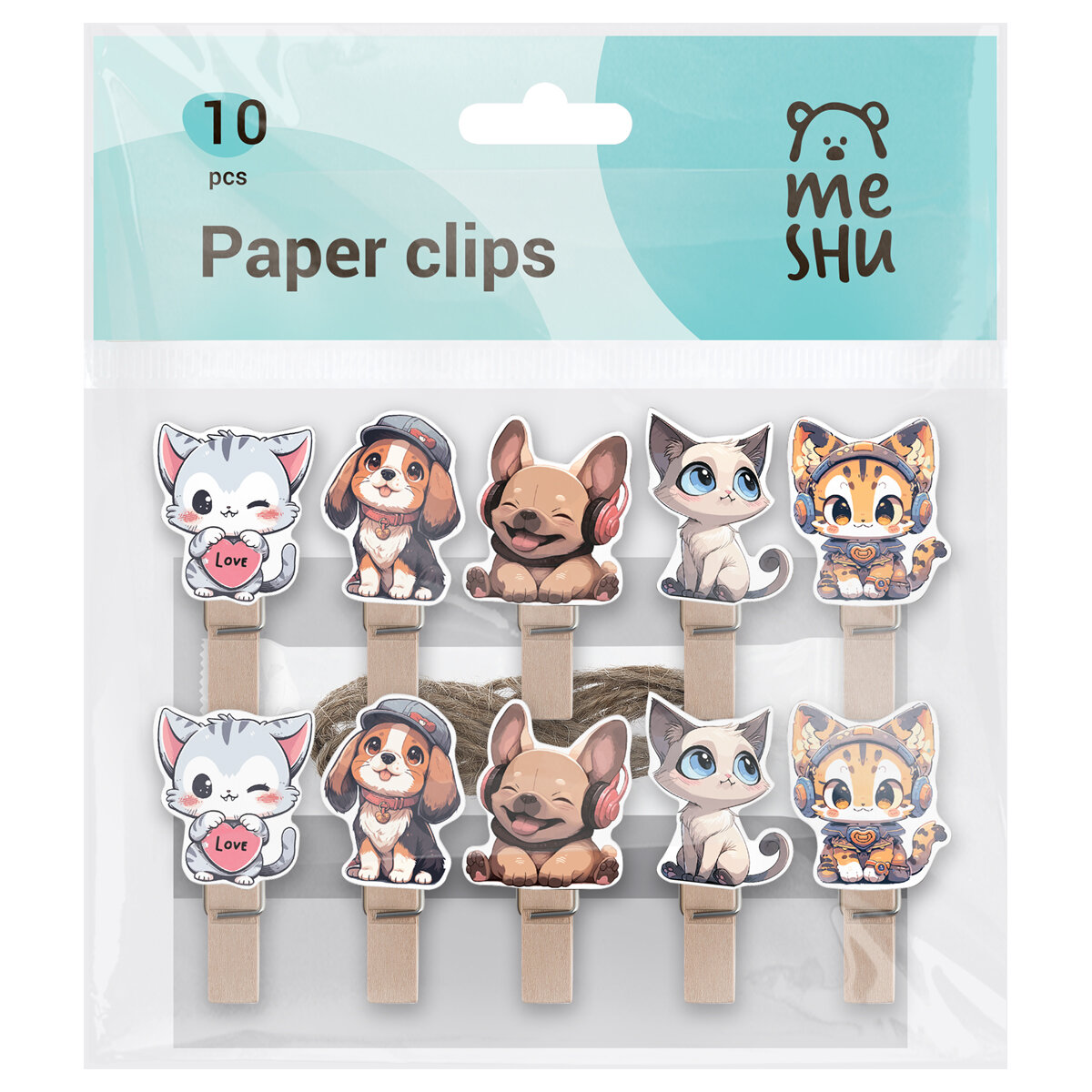 Зажимы для бумаг 7мм, MESHU "Cute pets", 10шт, деревянные, ассорти, опп пакет с европодвес