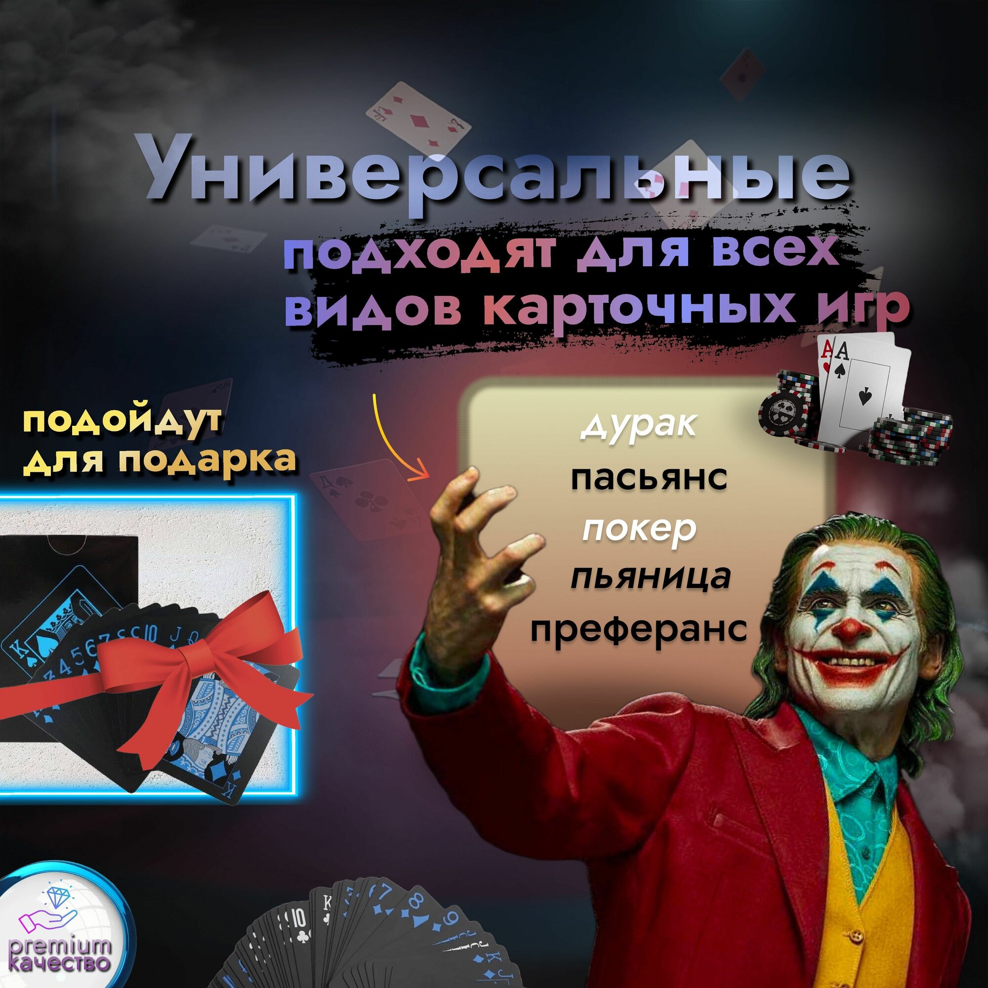 Игральные карты / 54 шт. / пластиковые / 6.3 см * 8.9 см / Красный с синим — фото 1