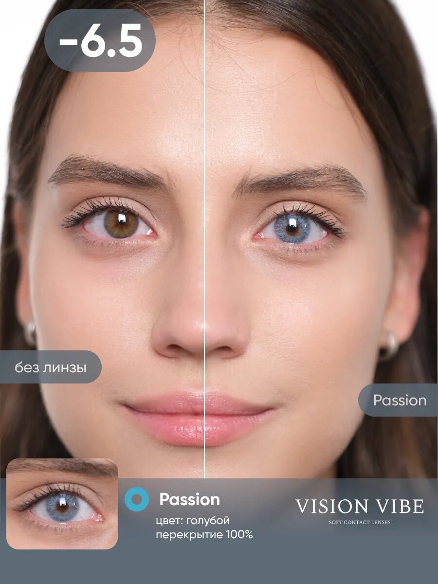Цветные контактные голубые линзы Passion с диоптриями -6.5 гидрогелевые