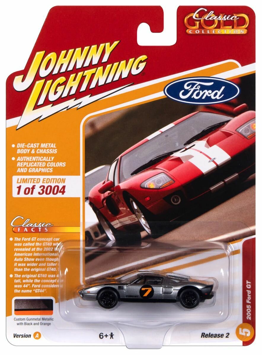Коллекционная машинка Johnny Lightning 2005 Ford GT Gunmetal w/Orange & Flat Black (серия Classic Gold, JLSP357A)