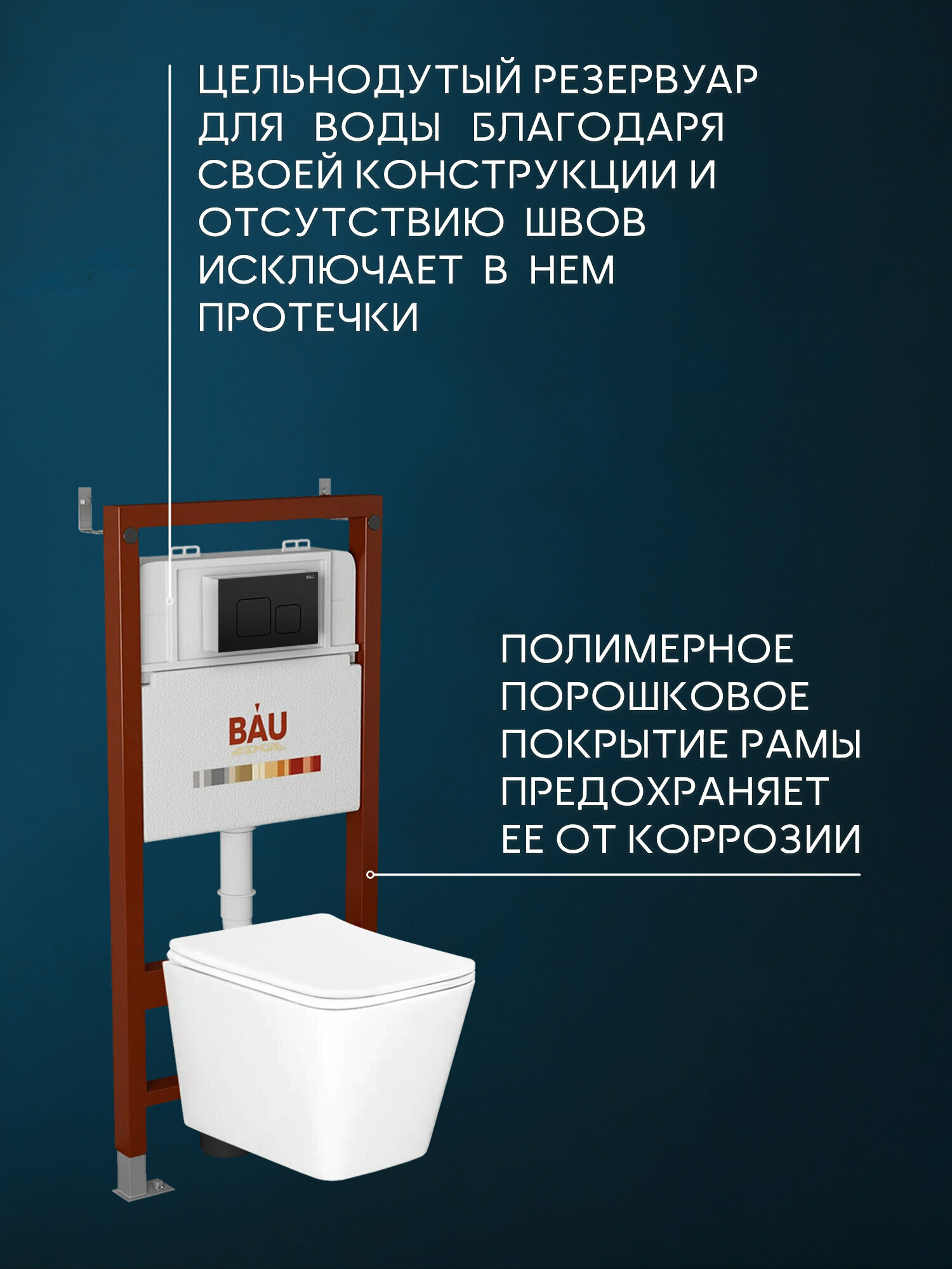 Комплект BAU 6 в 1: инсталляция BAU PRO для подвесного унитаза, унитаз подвесной безободковый смыв торнадоBau Stil Hurricane-5, сиденье быстросъемное микролифт, кнопка смыва BAU Soul, черная матовая — фото 1