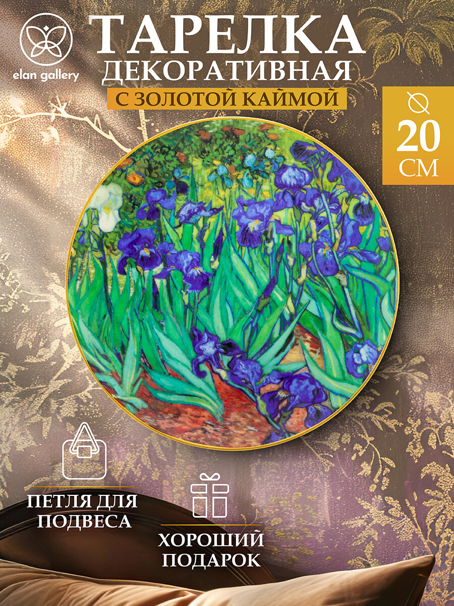 Тарелка декоративная 20х20х2 см Elan Gallery Ирисы с крючком и подставкой