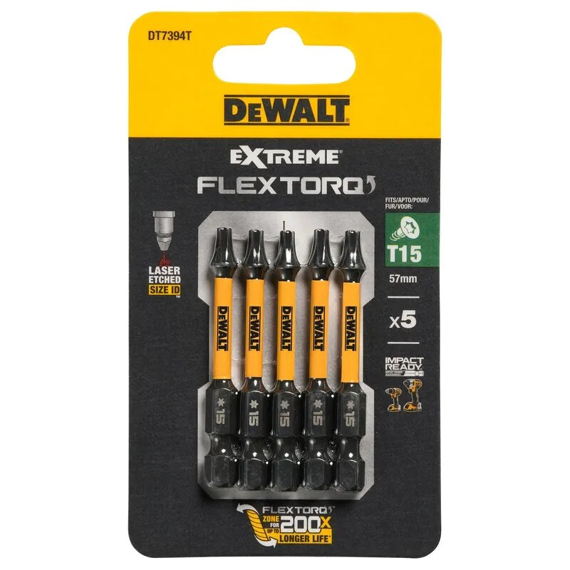 Биты ударные DEWALT "EXTREME" IMPACT TORSION Т15 57мм 5шт. DT7394T-QZ