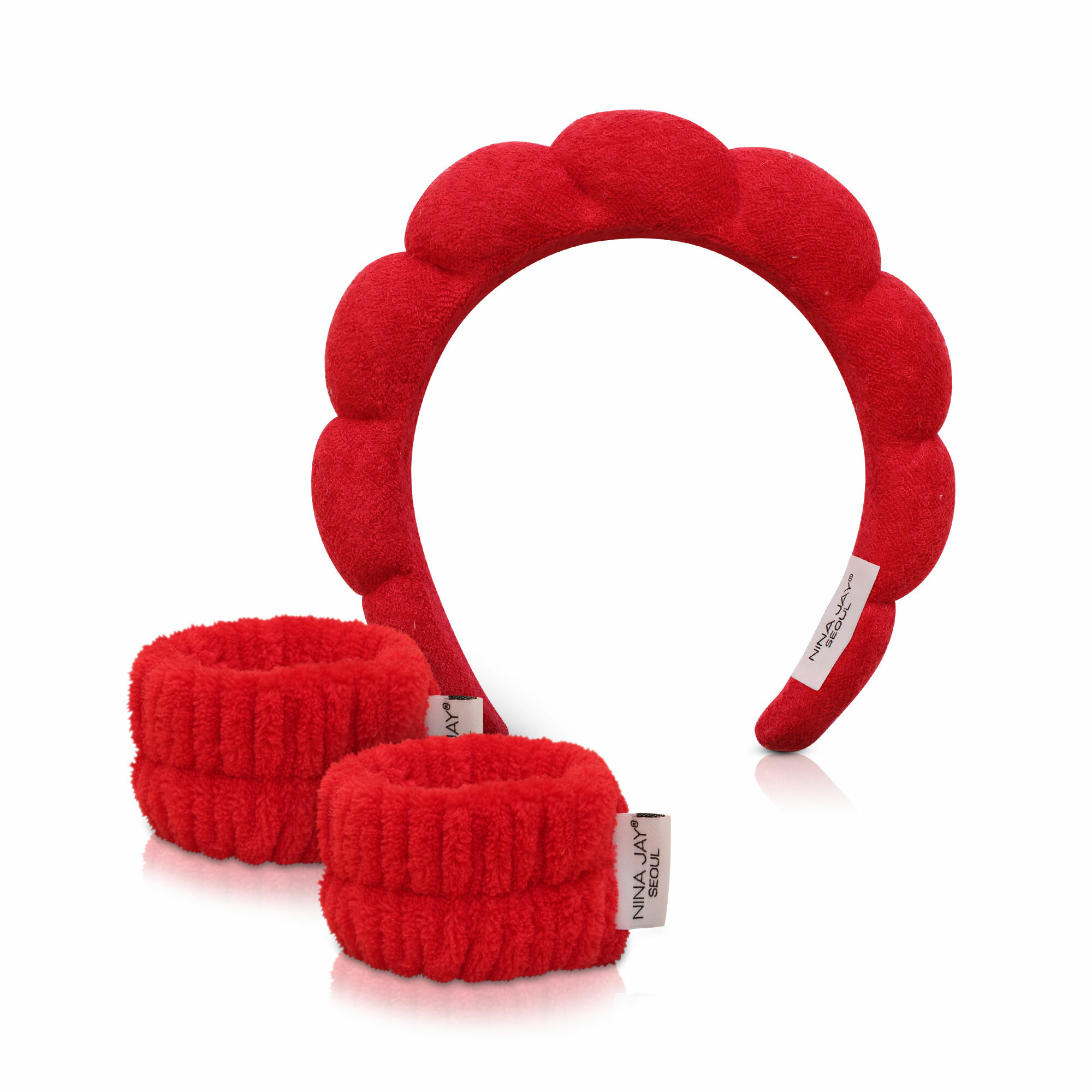 Набор для умывания: ободок + напульсники красного цвета NINA JAY