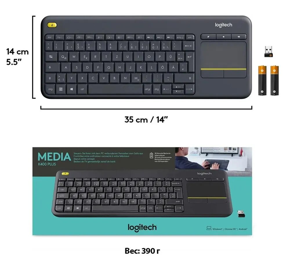 Клавиатура беспроводная Logitech K400 PLUS, Английская клавиатура, черный — фото 1