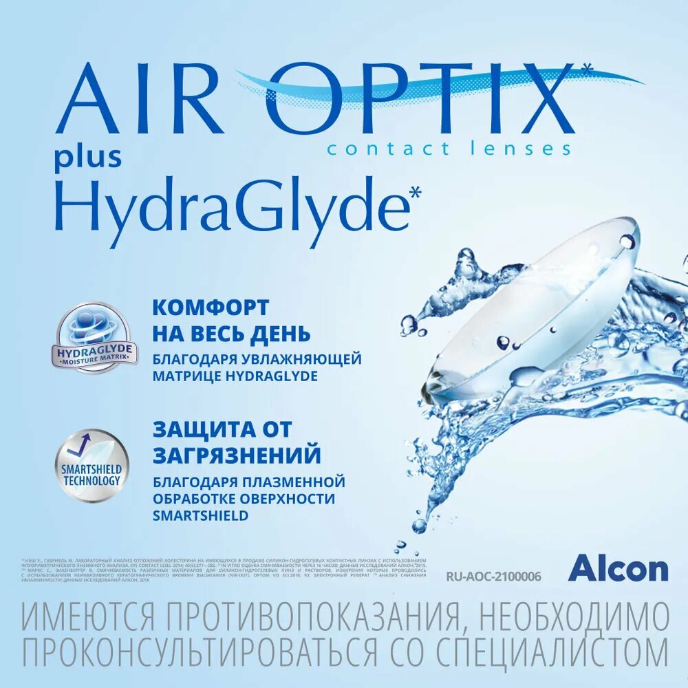 Контактные Линзы Контактные линзы Alcon Air Optix Plus HydraGlyde 3pk (BC 8,6; D -1.75)