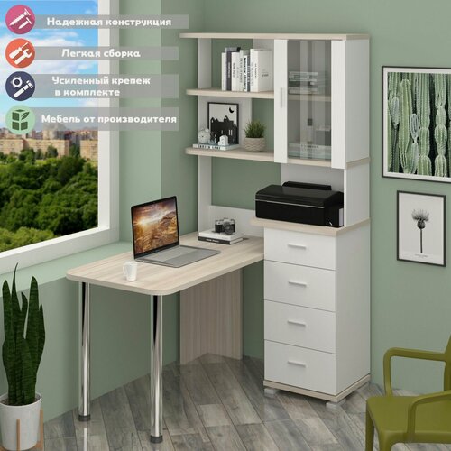 Изображение товара Стол компьютерный Мэрдэс СР-220/130 БЕК Белый/Карамель, угловой, с полками, с ящиками, 130х109.5х193 см