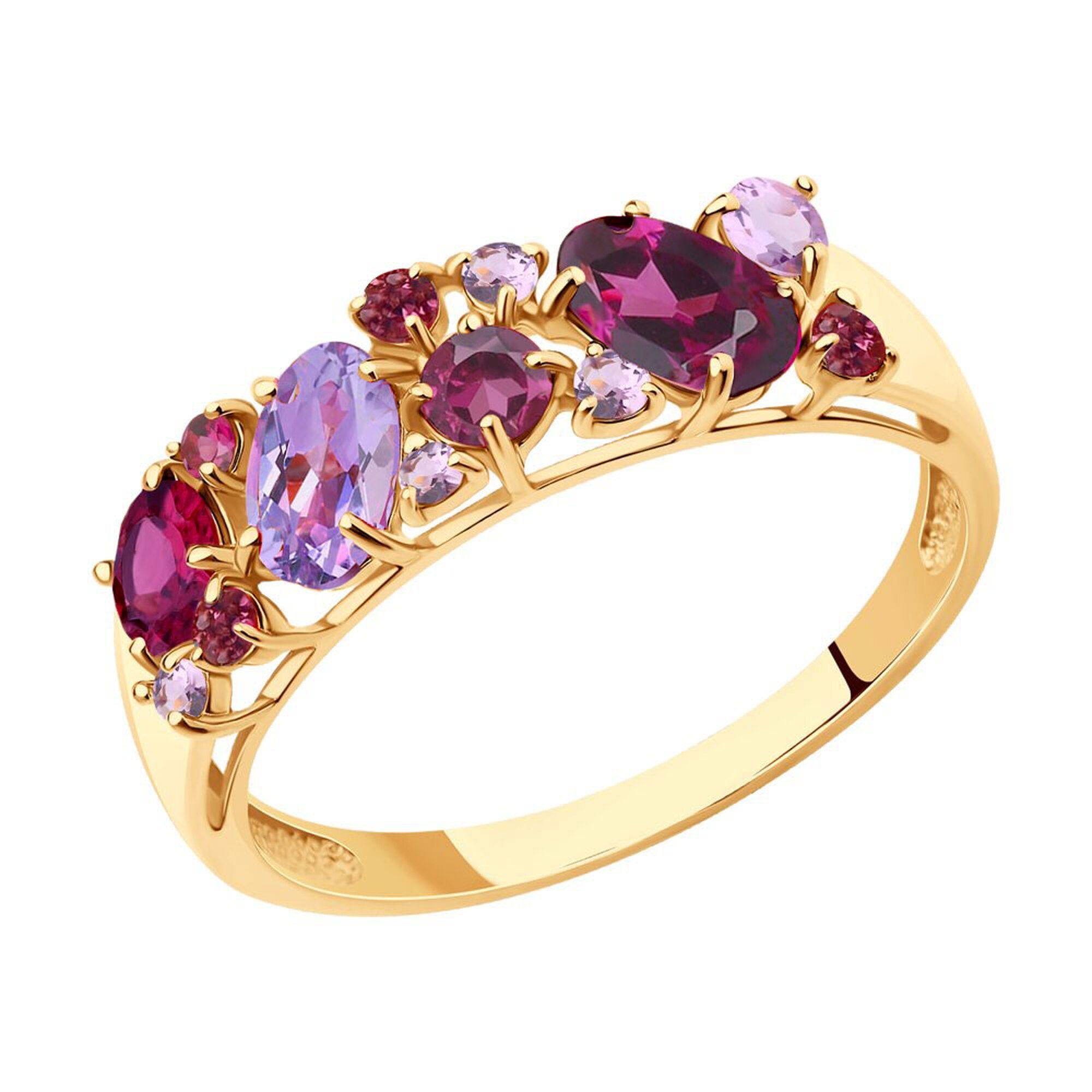 Кольцо Diamant online, красное золото, 585 проба, родолит, аметист