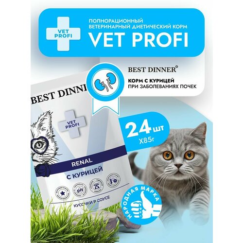 Влажный корм для кошек Best Dinner VET PROFI Renal кусочки в соусе Курица, 85 г х 24 шт для профилактики заболеваний почек, пауч (Бест Диннер)