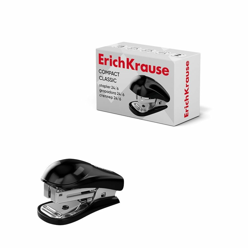 Мини-степлер №24/6, 26/6 ErichKrause Compact Classic до 20 листов, черный