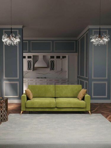 Изображение товара Прямой диван Manons Maison Наоми, раскладной механизм Еврокнижка (Тик-так), Велюр Оливковый, 226х106х74 см