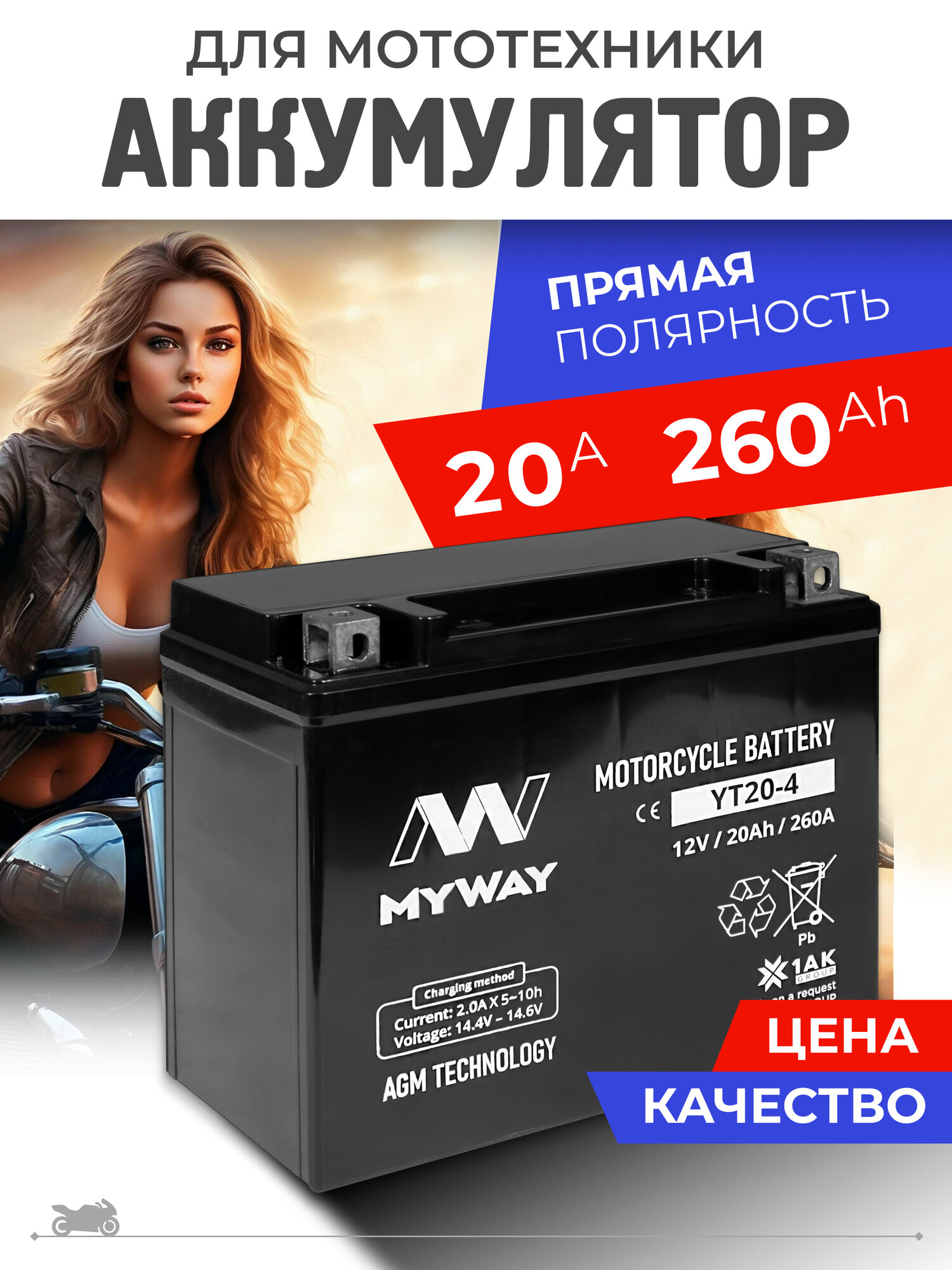 Аккумулятор для мотоцикла, квадроцикла, мопеда 12v 20ah AGM