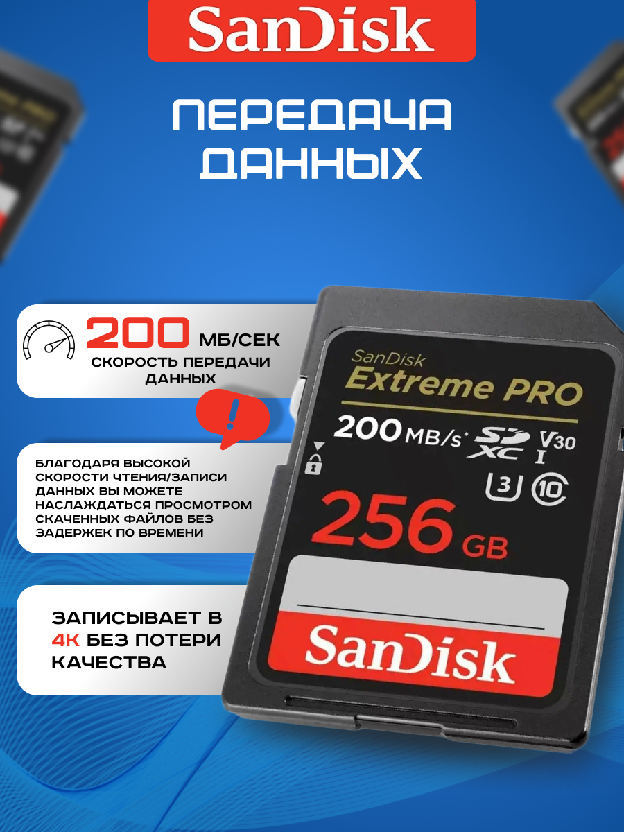Карта памяти SanDisk SDXC 256 ГБ Class 10, V30, A2, UHS-I U3, RU, 1 шт, черный — фото 1