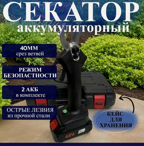 Изображение товара Секатор аккумуляторный садовый 48V 2АКБ, электросекатор сучкорез ручной для сада, кейс для хранения